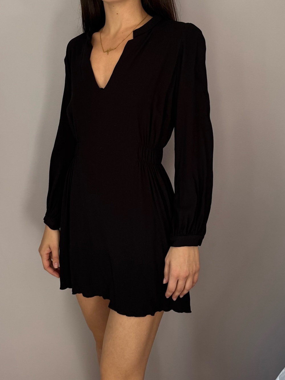 Longchamp Black V-Neck Long Sleeve Mini Dress